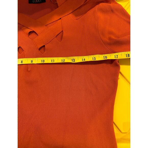 Vintage EUC Cyrus Rust Orange Criss Cross Knit Ribbed Sweater Flattering - Picture 12 of 14